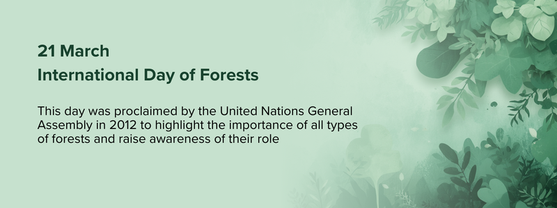 Graphic banner: green background with leafy forest motif and International Day of Forests text.