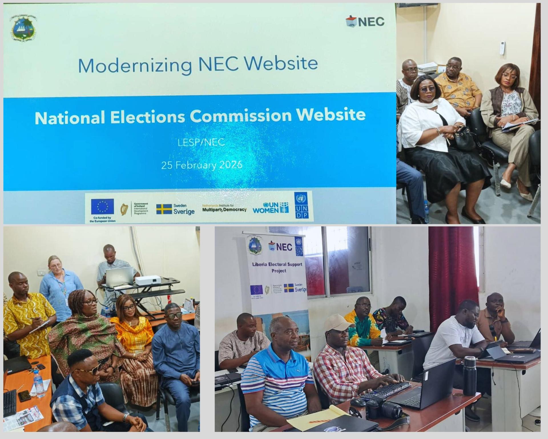 Collage showing NEC website slide and multiple group discussion photos.