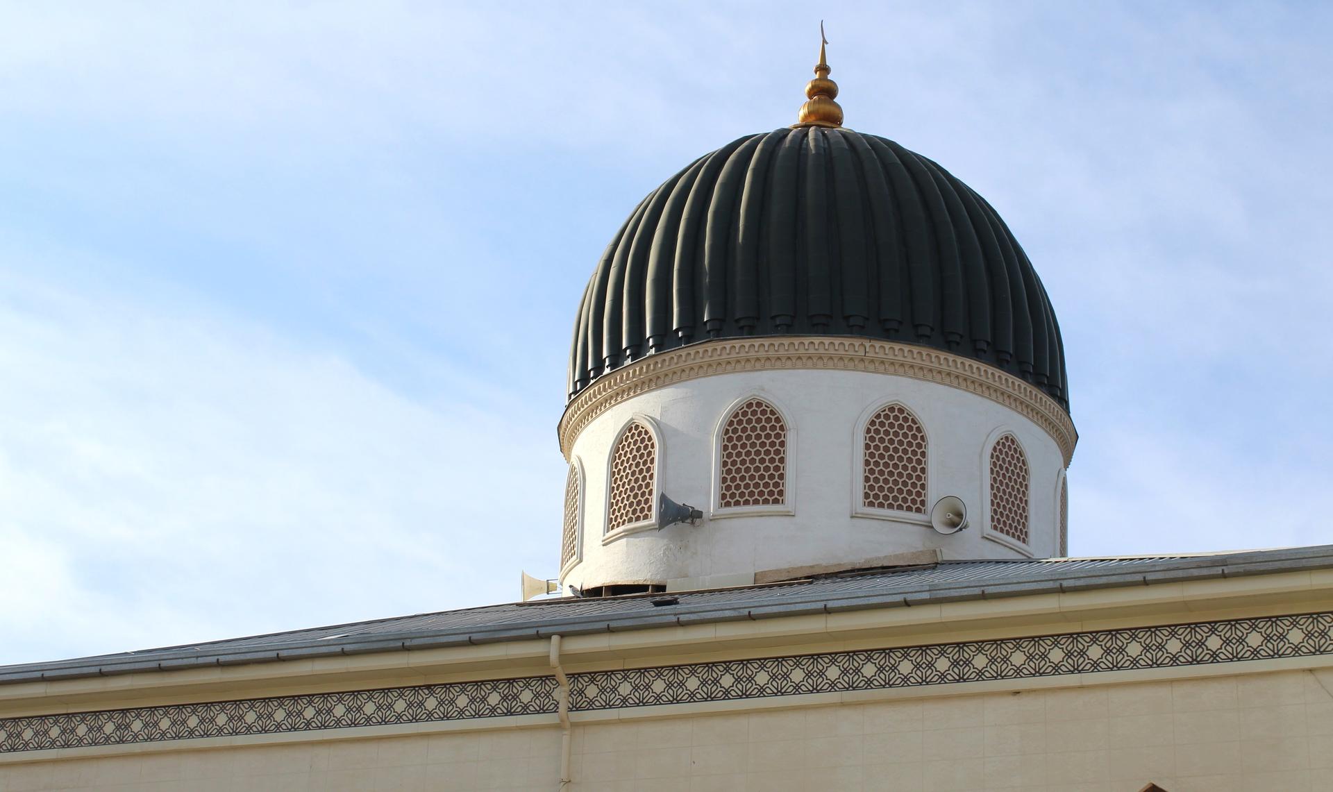 White neoclassical building topped by a dark ribbed dome with a gold finial under a blue sky.