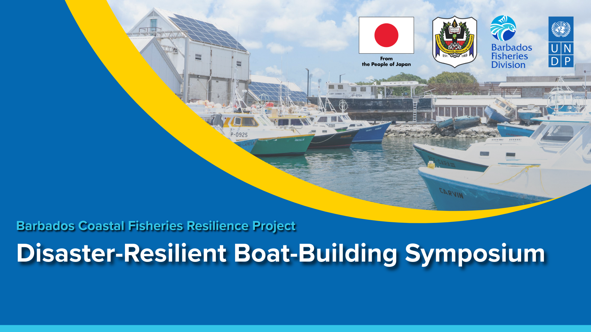 Banner graphic for Disaster-Resilient Boat-Building Symposium with marina scene and logos.