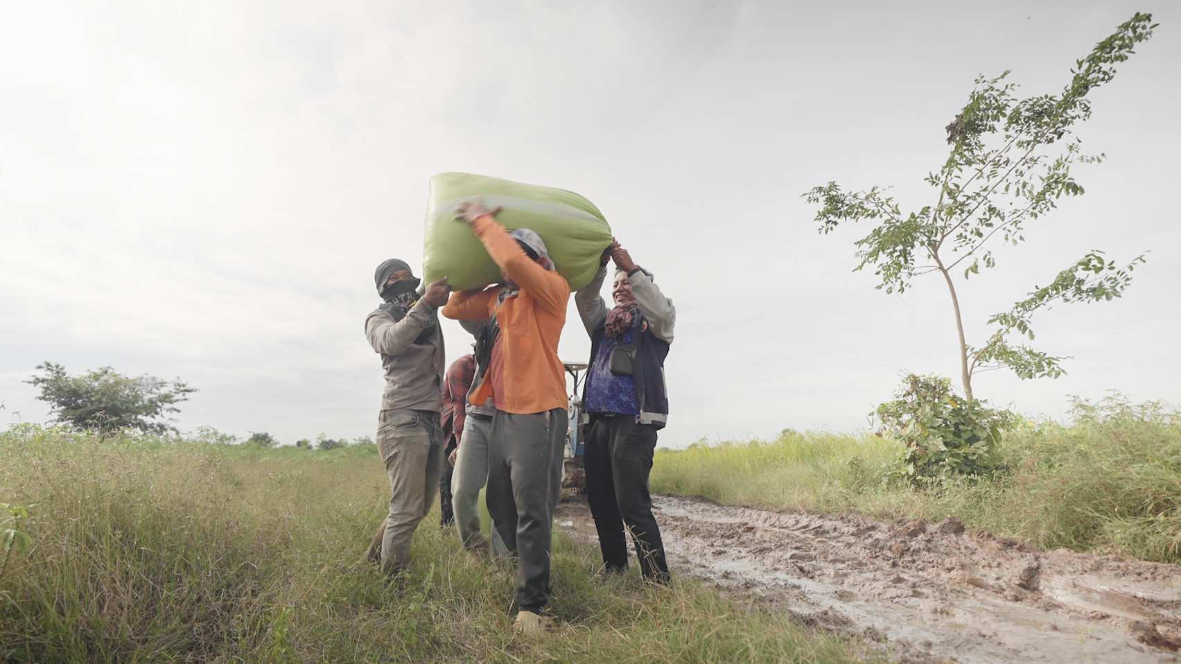 Photo shows four people carrying a large green rectangular object across a grassy rural field.