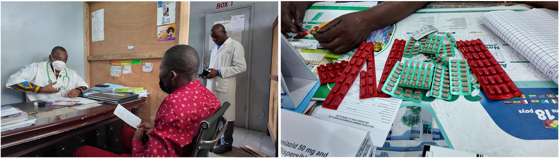 Two photographs: left: doctors and patient at a desk; right: hands sorting out medication.
