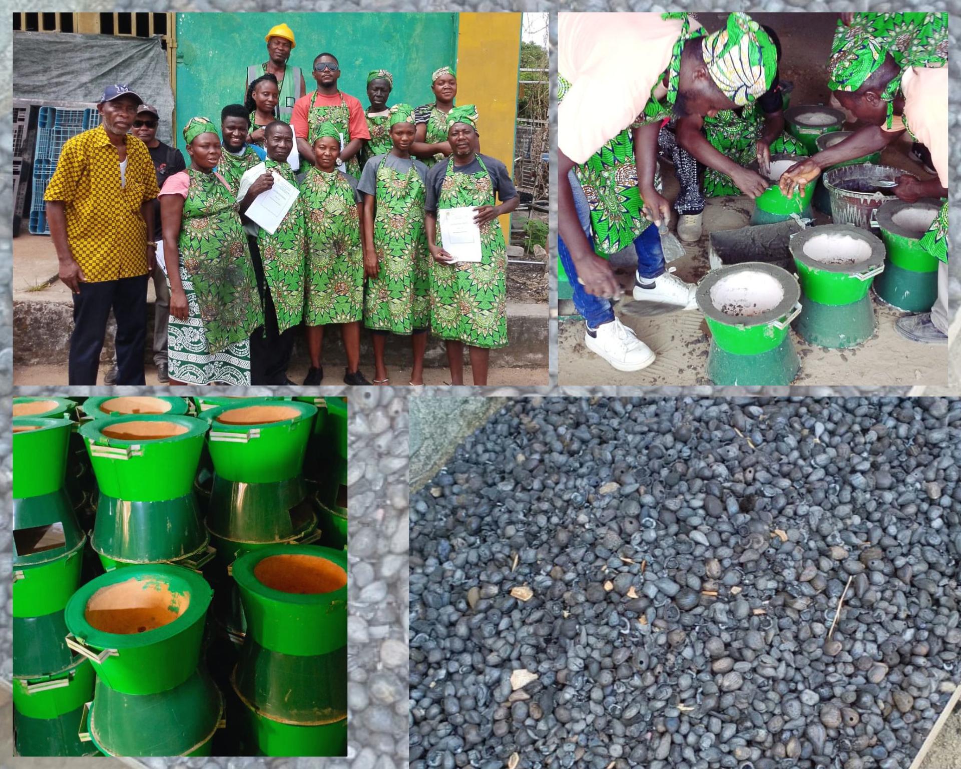 Collage: group of people in green outfits with buckets; close-ups of dark seeds.