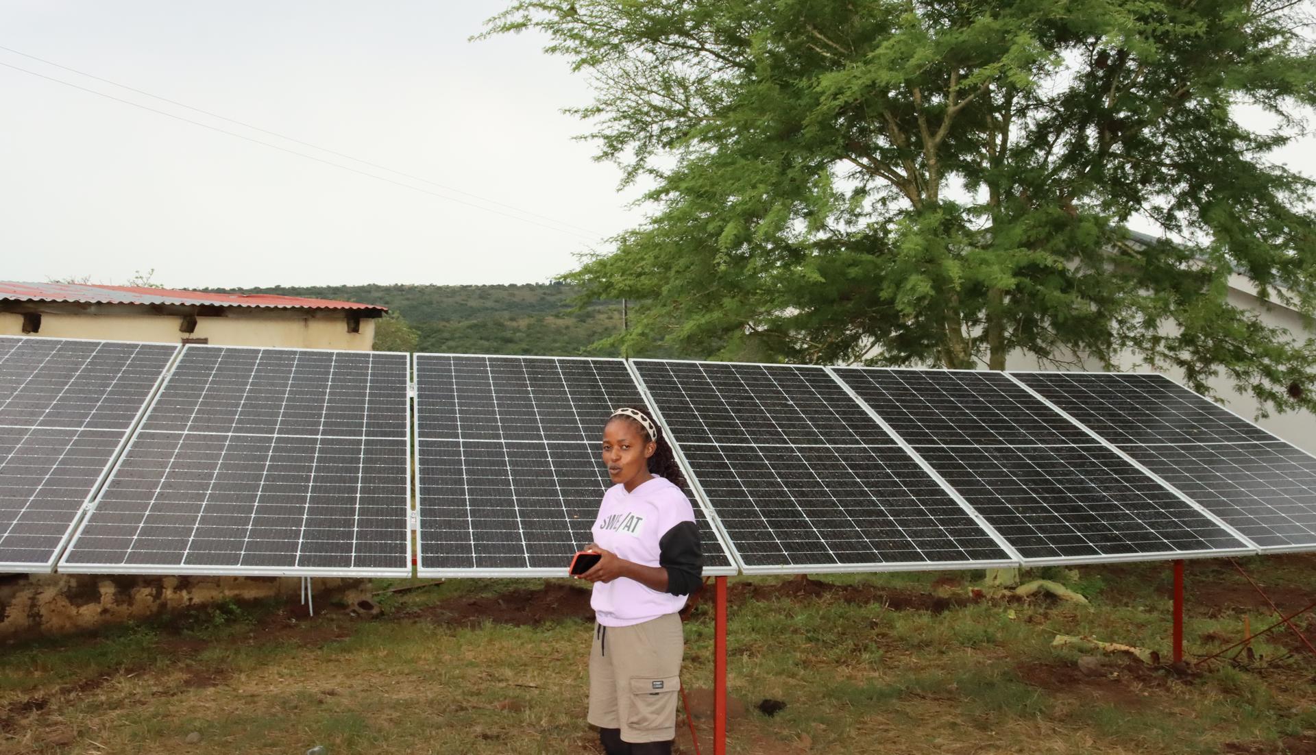 Person in white shirt beside solar panels in a grassy field, tree in background.