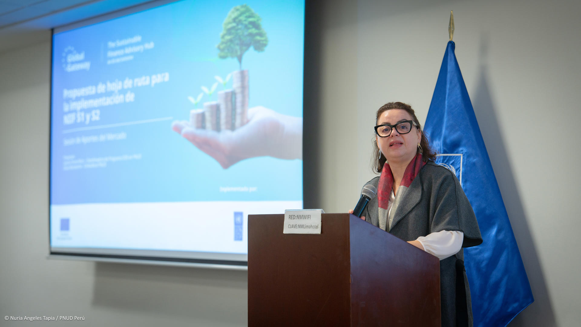 Speaker at podium delivering a talk; blue slide shows bullet points and a hand holding a plant.