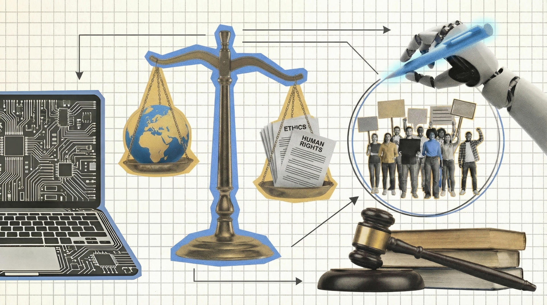 Collage of legal and tech items: laptop, scales of justice, gavel, documents, and a group of people.