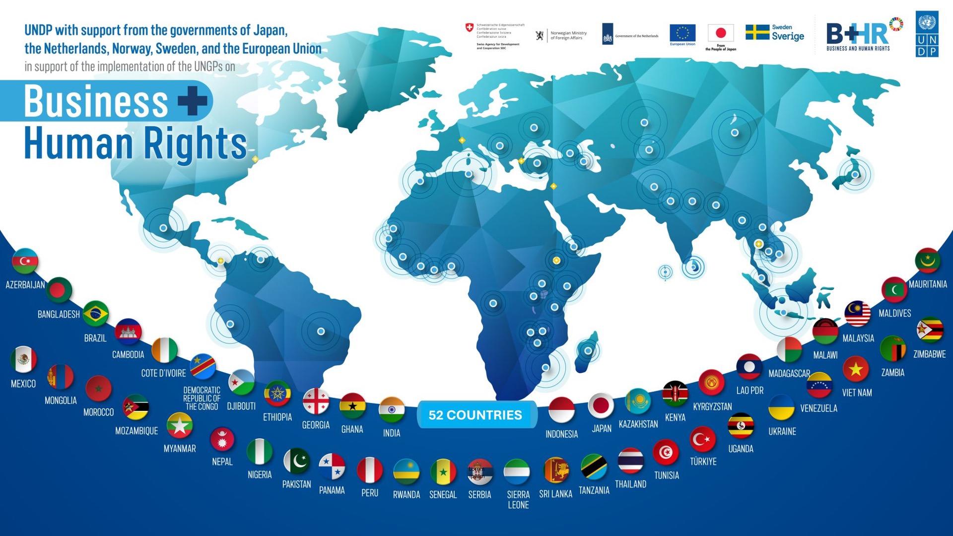 Blue world map backdrop with a curved row of country flags along the bottom and Business & Human Rights text.