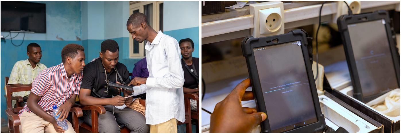 Collage: healthcare instructor with students in a classroom; hands using smartphones.