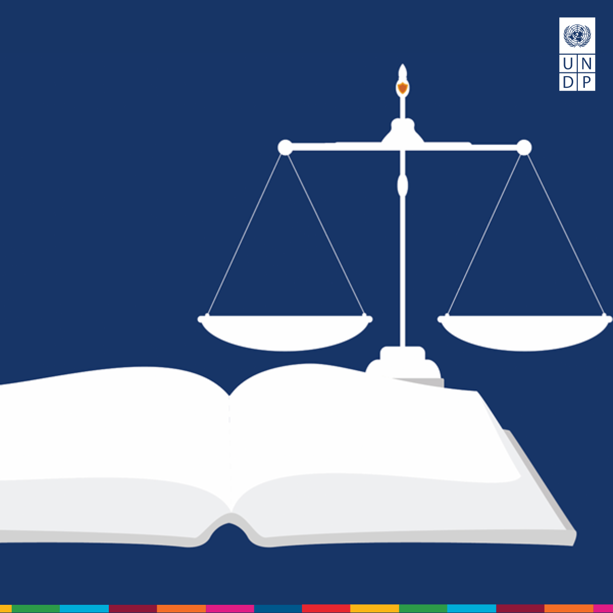 Graphic of scales of justice balanced over an open book on a blue background.