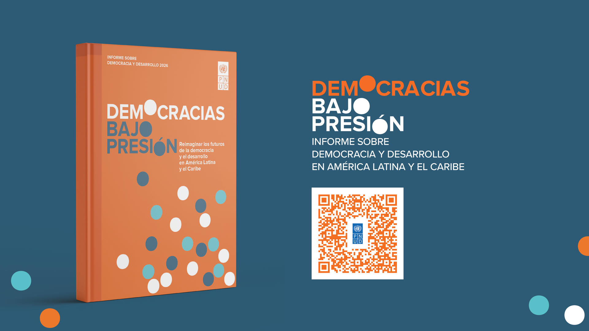 Caja de libro naranja y un código QR sobre un fondo promocional azul para Democracias Bajo Presión