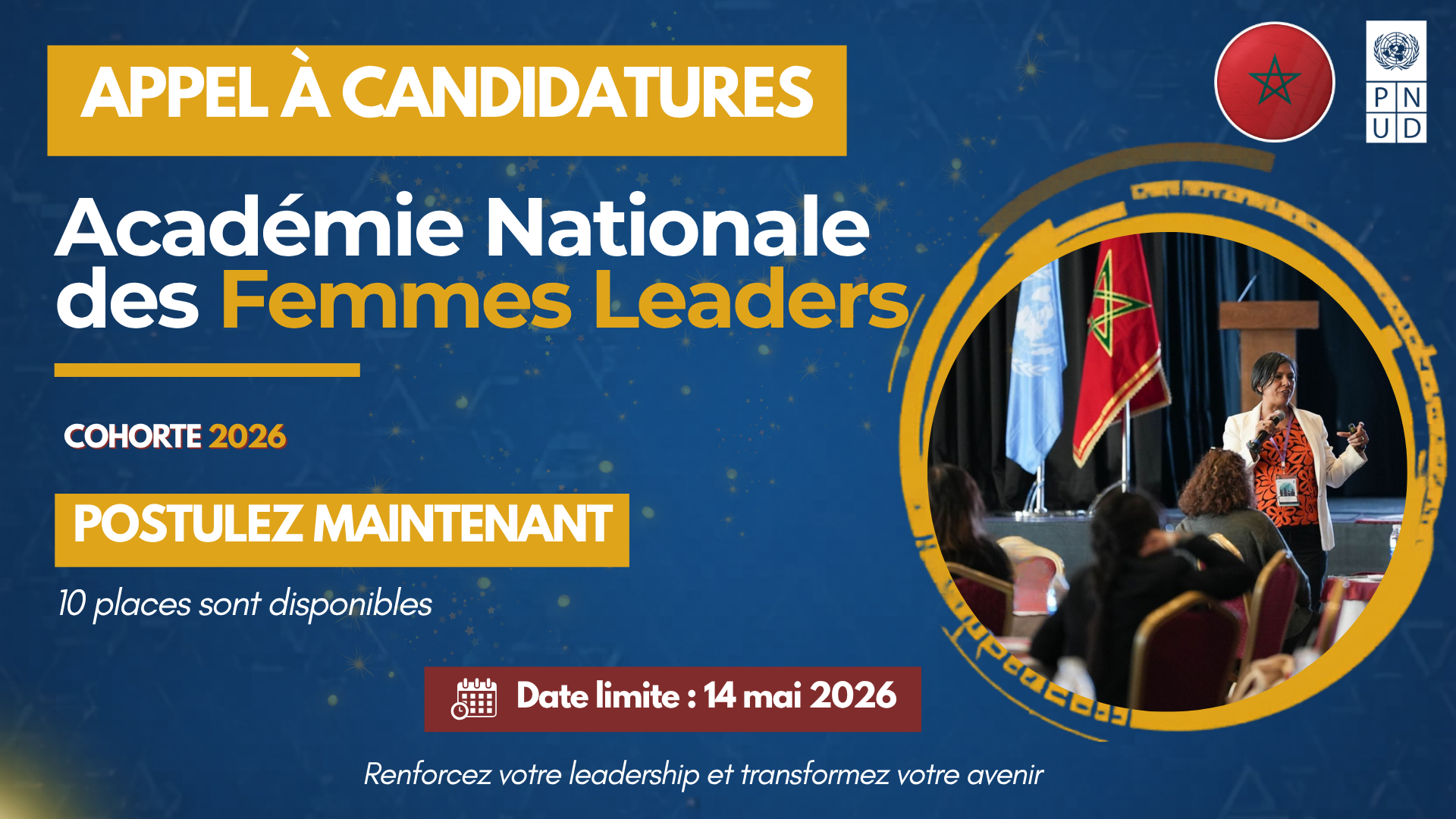 Poster for Académie Nationale des Femmes Leaders; circular photo of a woman speaking at a podium.