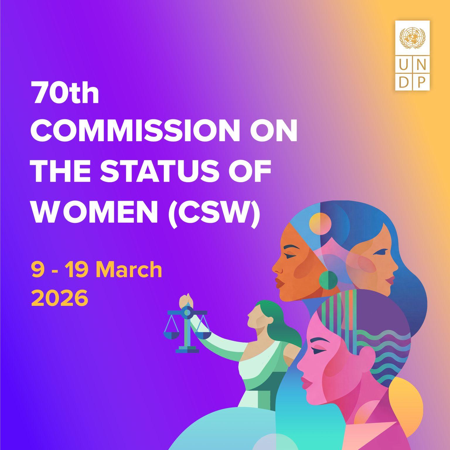 Graphic poster for the 70th CSW, featuring a stylized woman and scales on a purple gradient.