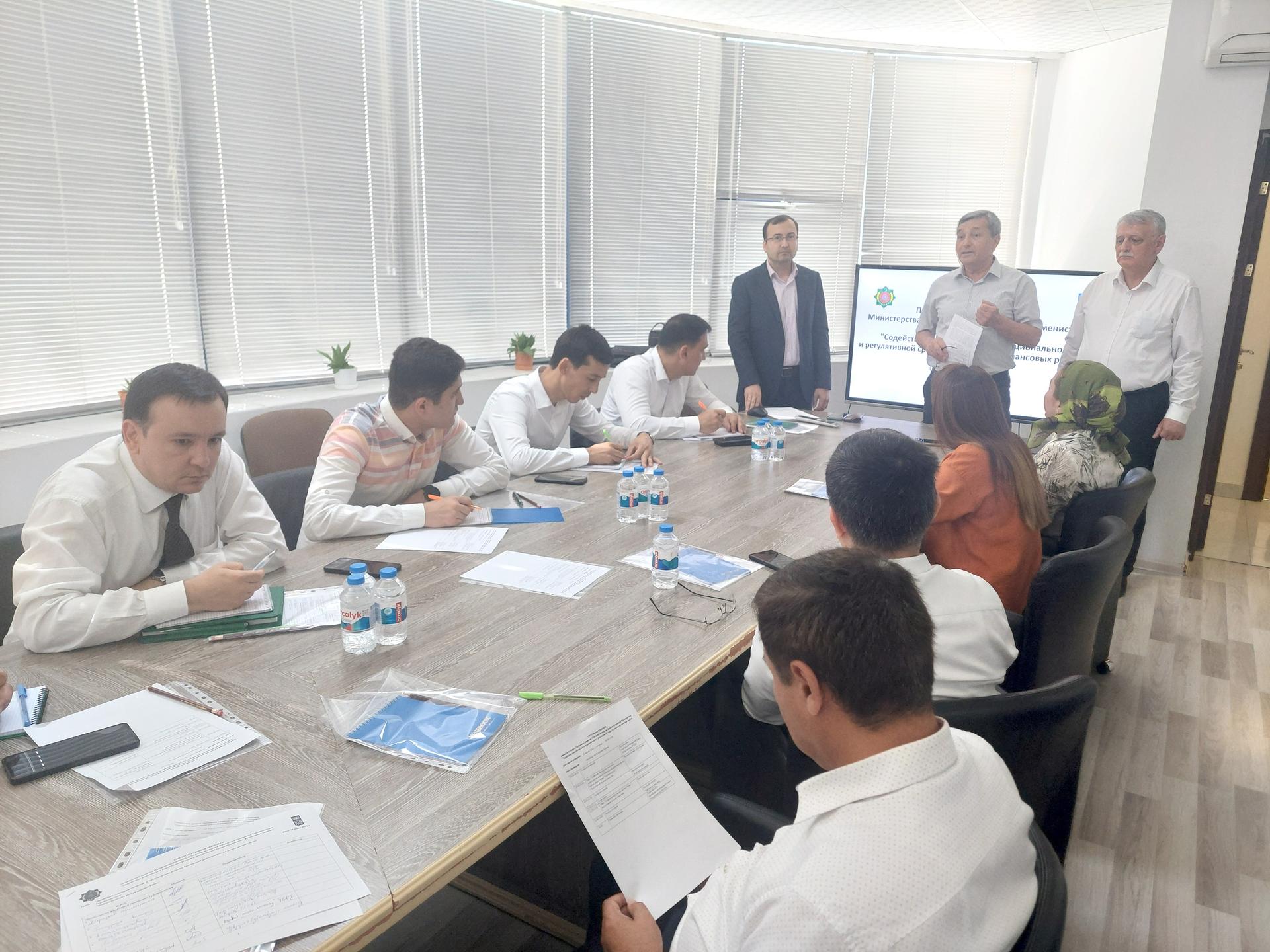 Group of colleagues in a bright conference room around a long table with papers; a man presents.