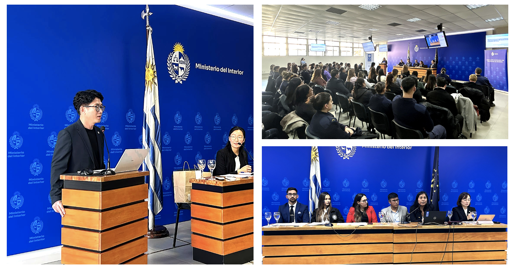 Press conference with two podiums and a blue backdrop; audience and a panel on stage.