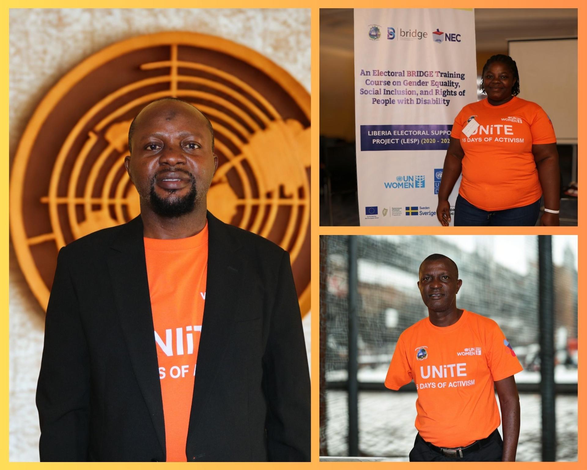 Collage of three people in orange UNITE shirts: left portrait, top-right by banner, bottom-right.
