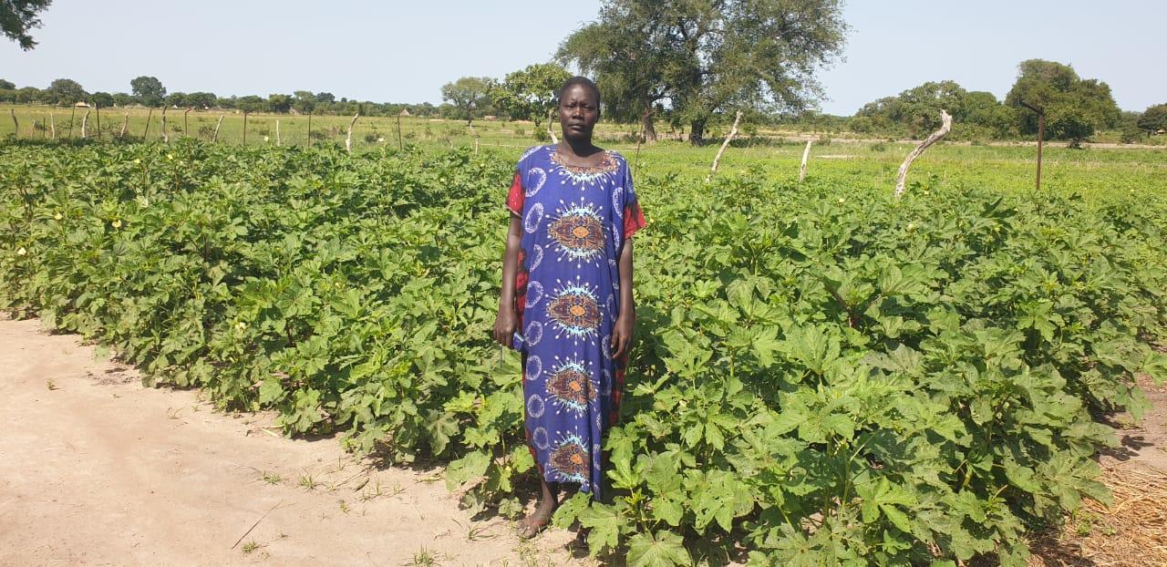 Woman in a blue patterned dress standing in a rural crop field beside a dirt path.