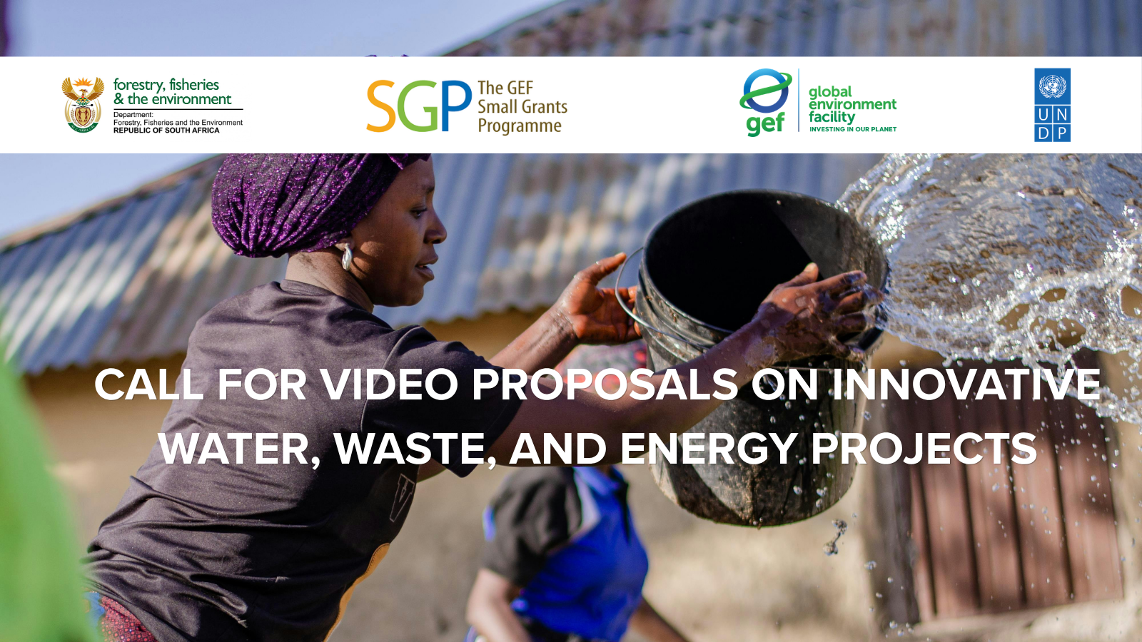 Banner with two people by a rocky river promoting video proposals on water, waste, and energy.