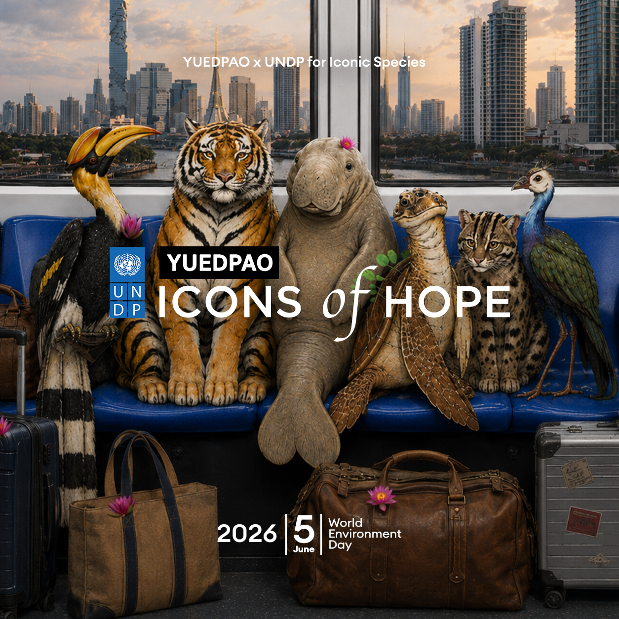 Plush animals sit on a blue couch with luggage as a city skyline backdrop; Icons of Hope exhibit.
