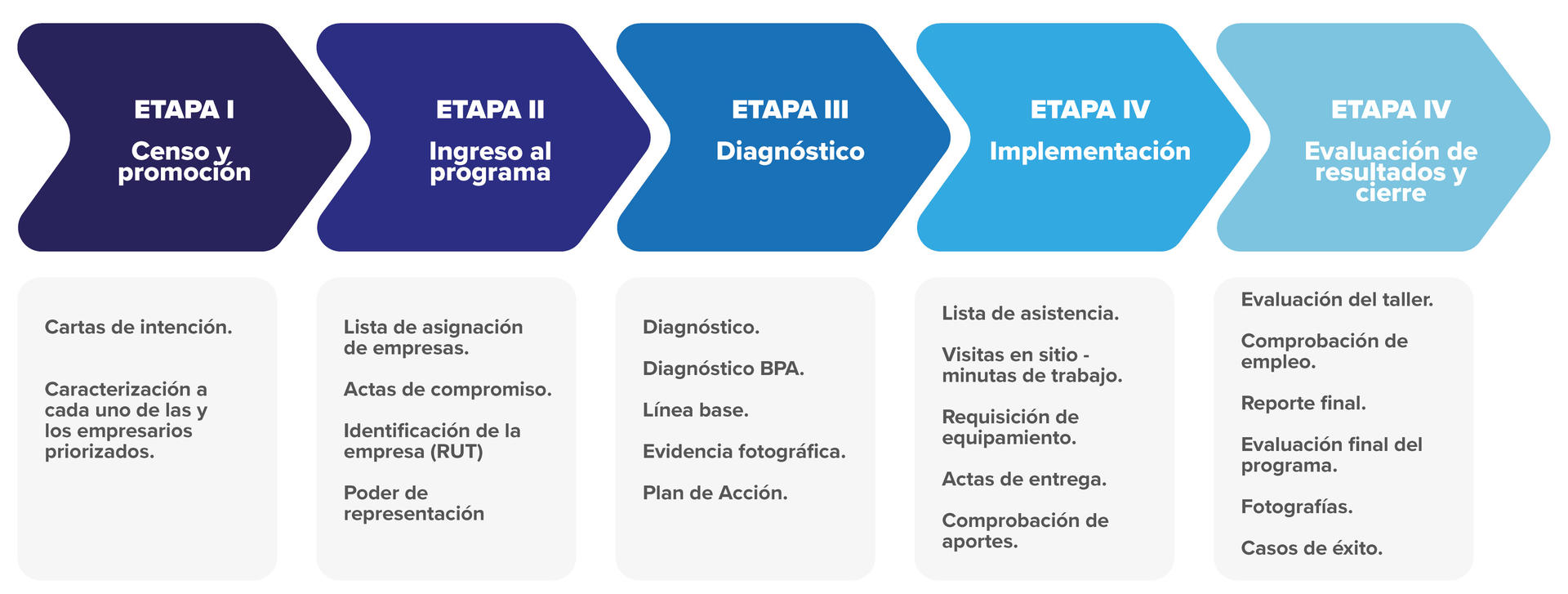 Five-step process flowchart with blue header blocks and white detail panels.