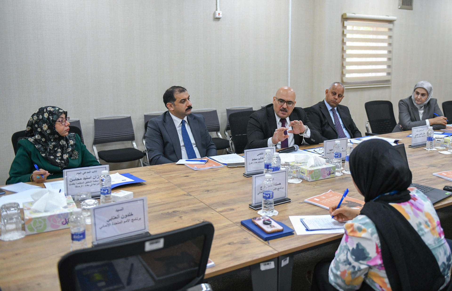Diverse group of professionals seated around a long conference table.