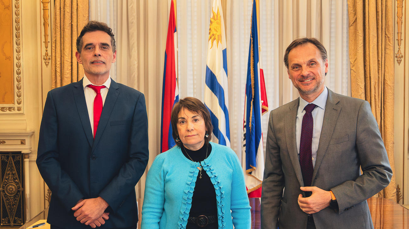 Photograph of three formally dressed people posing in a gilded room with flags in the background.