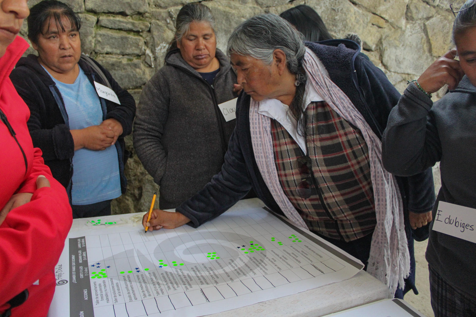 Group of people around a table outdoors, examining a large circular diagram.