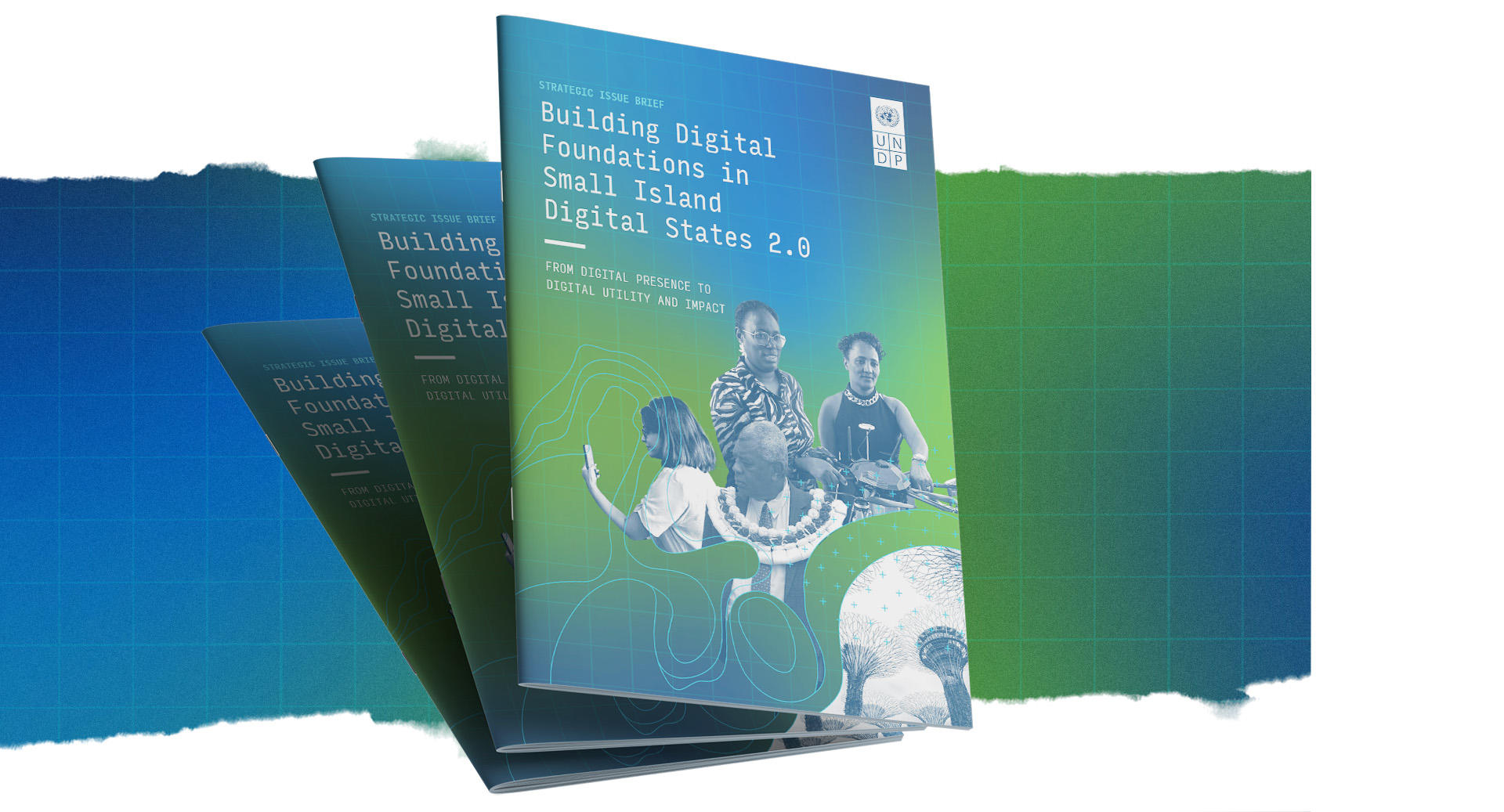 Three overlapping brochures with a group photo on the front, set against blue-green gradient backgrounds.