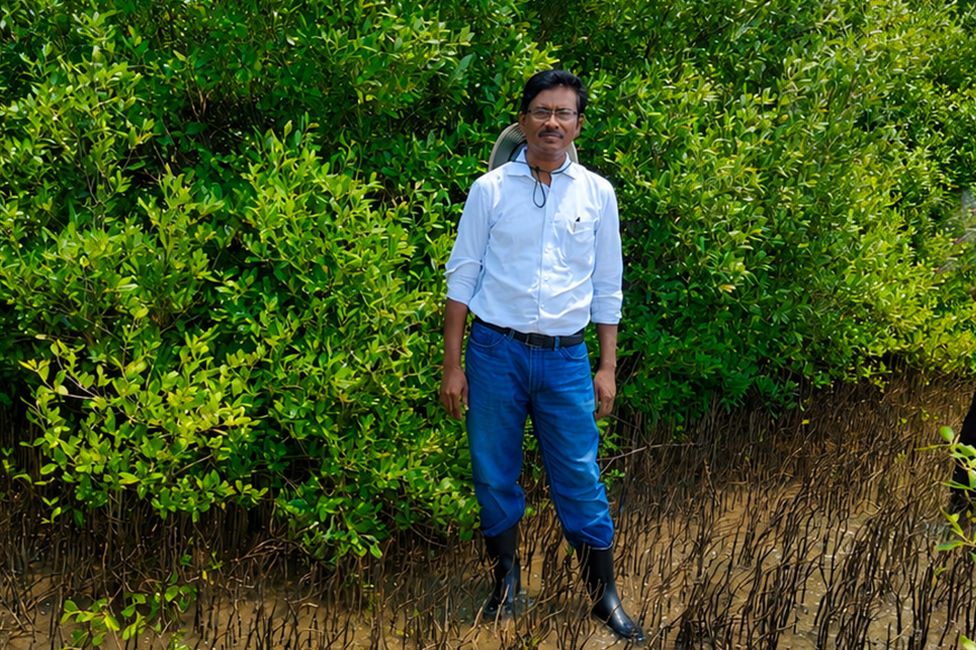 Man in a light blue shirt and blue jeans standing on a grassy riverbank with green bushes.