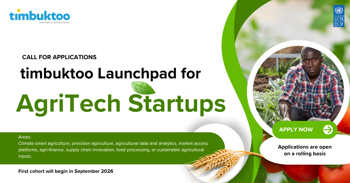 Banner for Timbuktu Launchpad for AgriTech Startups with logo and farmer portrait