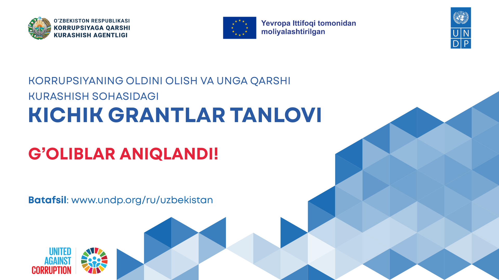 Event banner for KICHIK QISHLOQLAR TANLOVI with blue geometric triangles and logos.