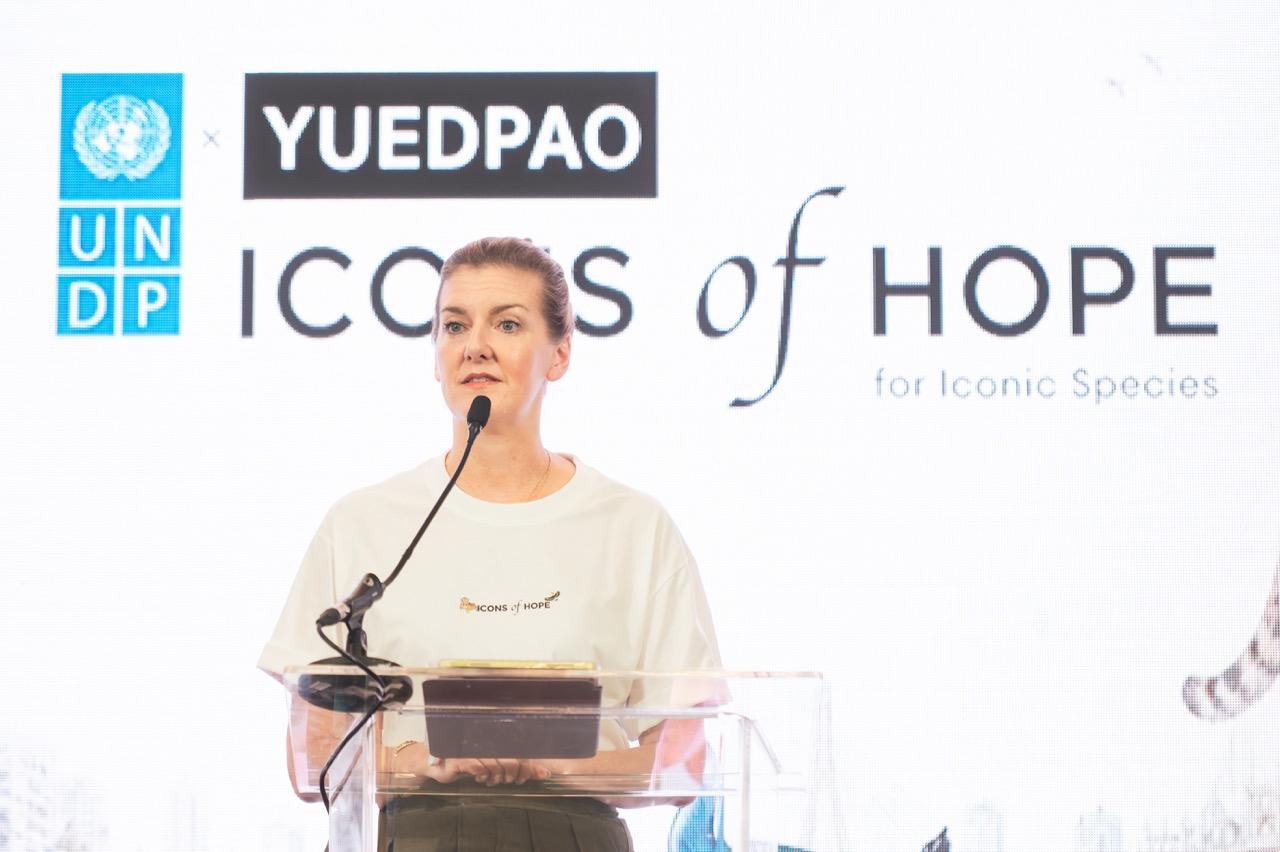 Woman at a podium speaking at a UNDP event with Icons of Hope banner.