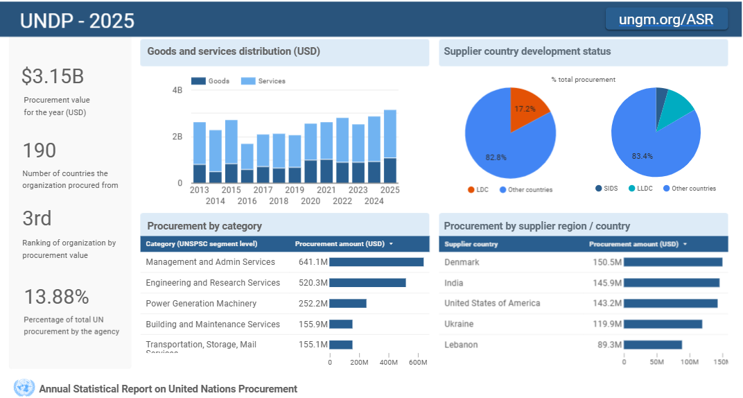 Infographic dashboard with blue theme showing UNDP 2025 metrics, bar charts and two pie charts.
