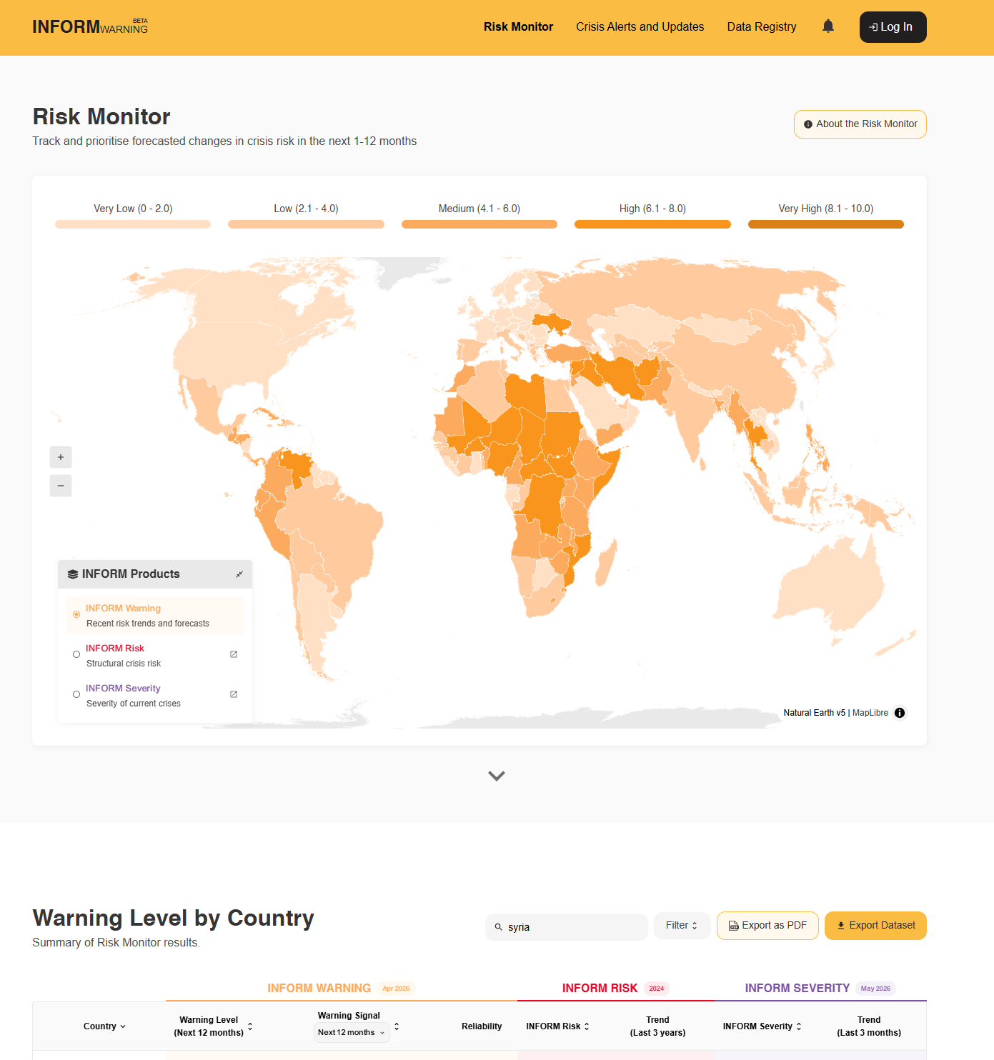 World map with orange-shaded countries indicating risk levels; Risk Monitor dashboard.
