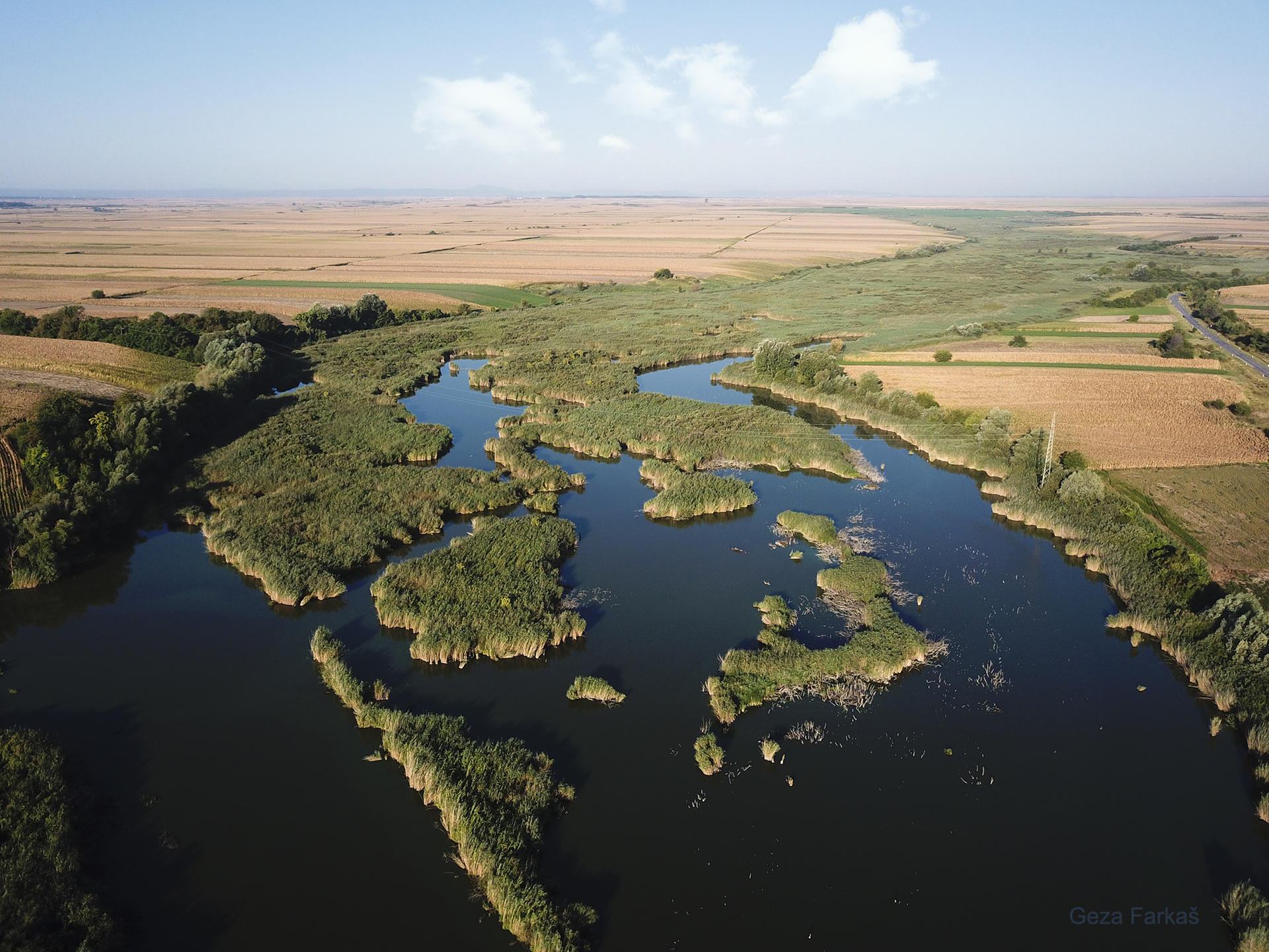 Aerial view of a winding river through green marshland with farmland on both sides.