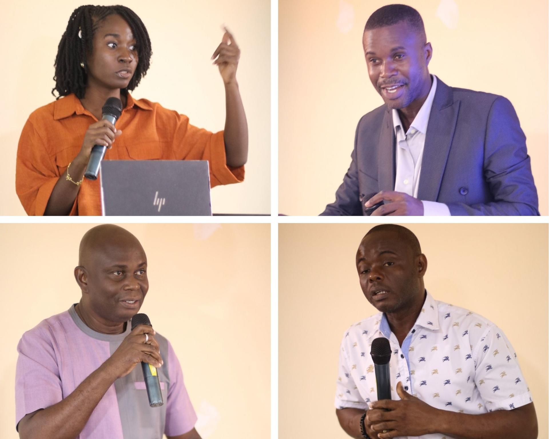 Four speaker photographs on stage, each holding a microphone.