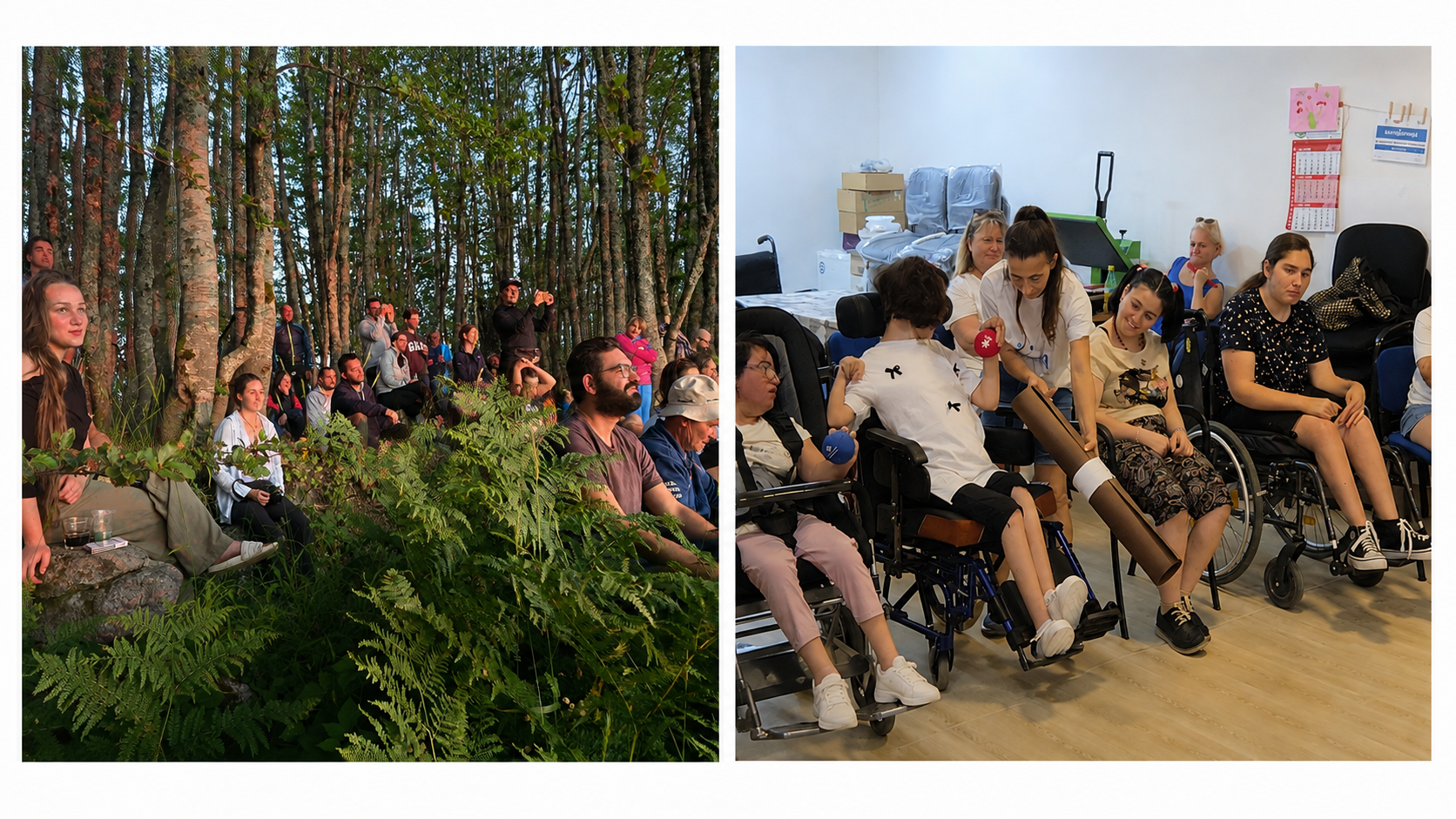 Two-photo collage: people gathered outdoors in a forest; indoor meeting with attendees seated.