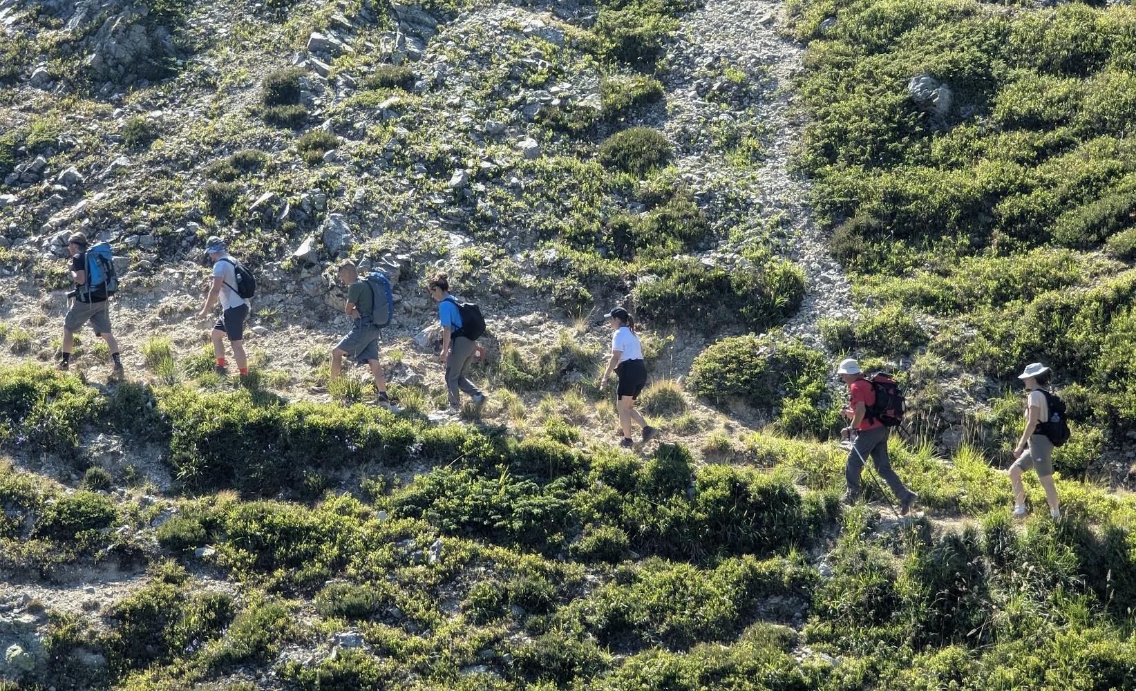 Photo: Several hikers walking along a stone-terraced hillside covered with green vegetation.