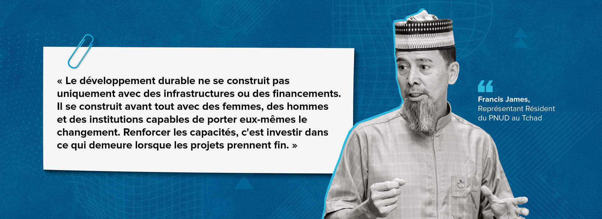 Blue poster: uniformed man on the right, white speech bubble with French text on the left.