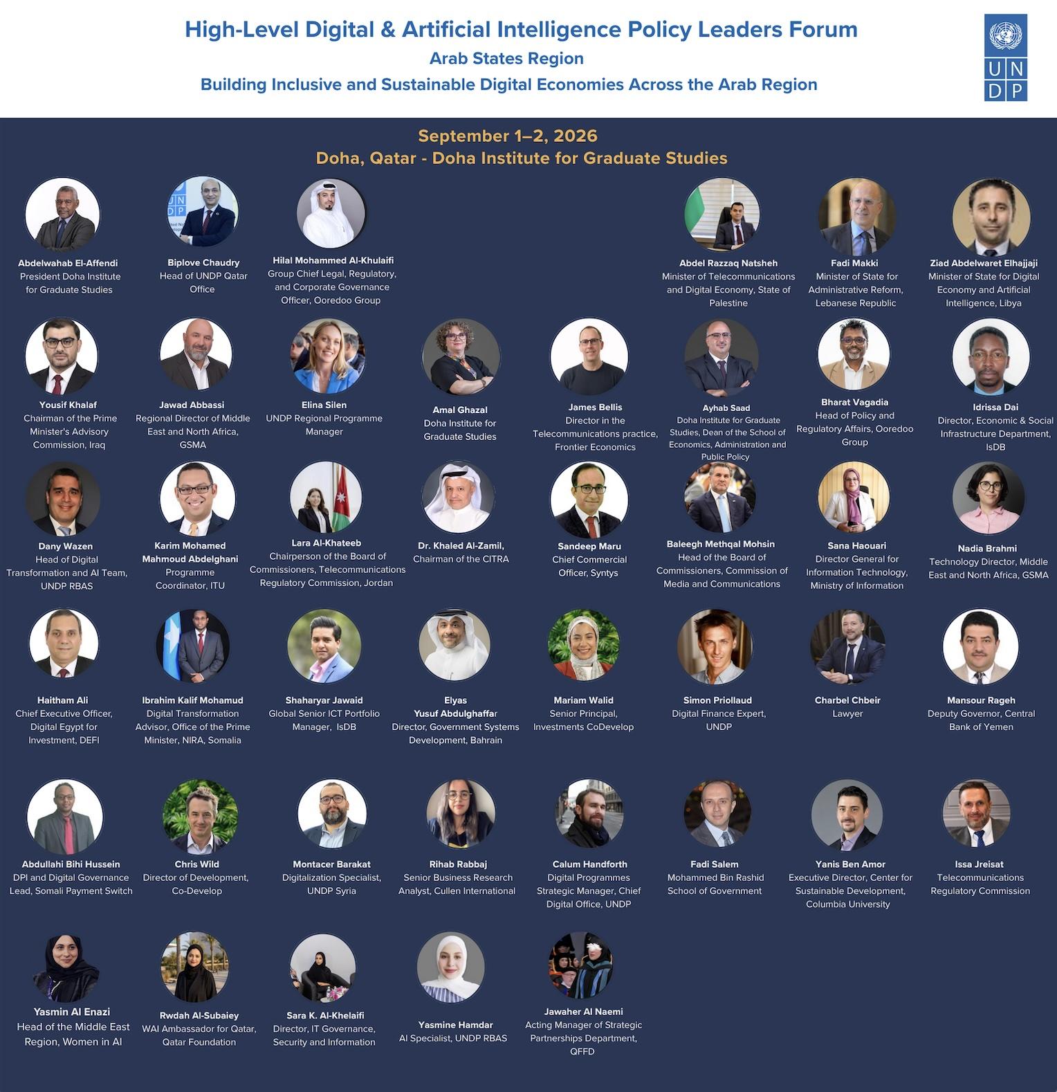 Poster featuring many circular speaker headshots on a dark blue background.