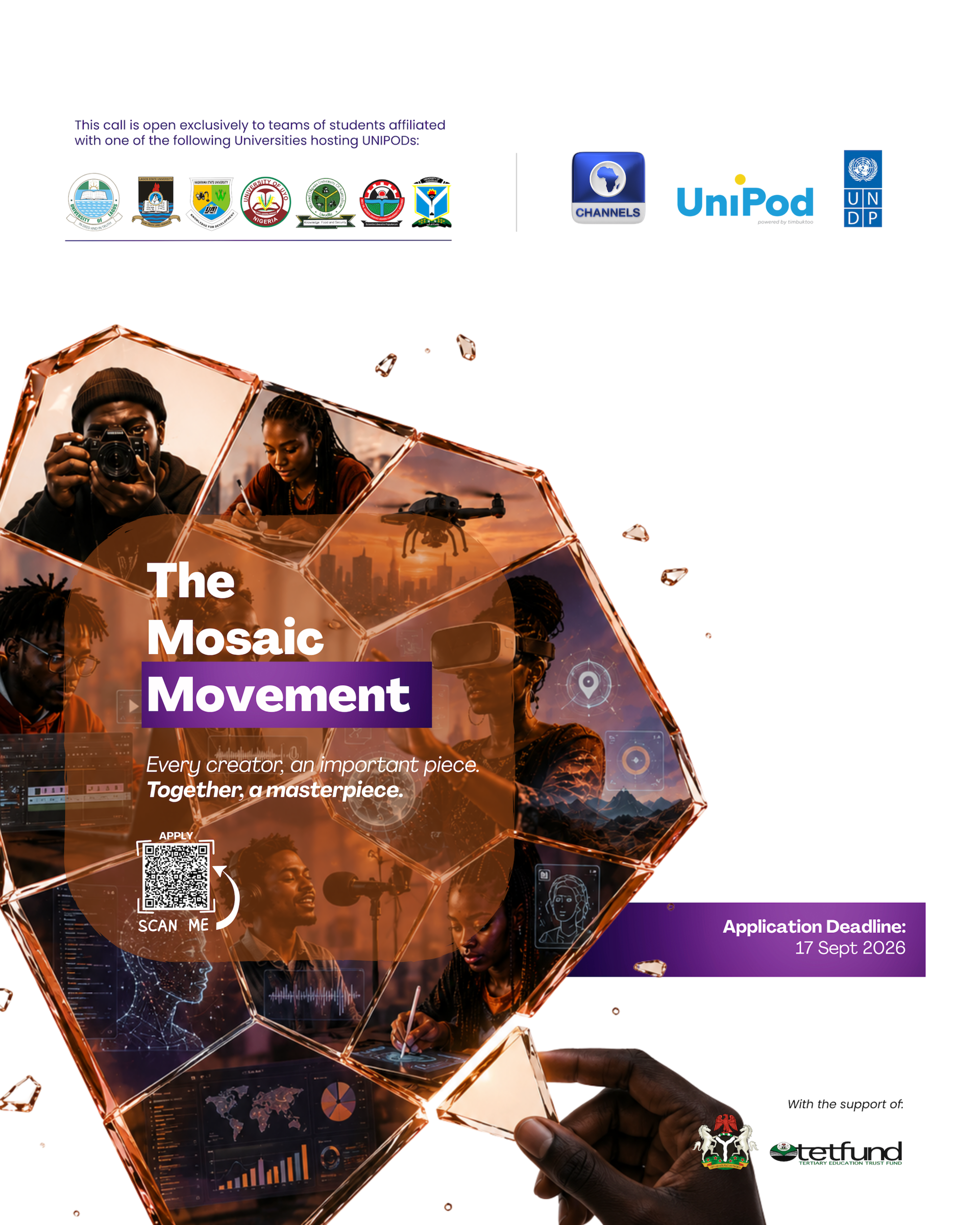 Poster for The Mosaic Movement featuring a mosaic of faces inside an orange polygon.
