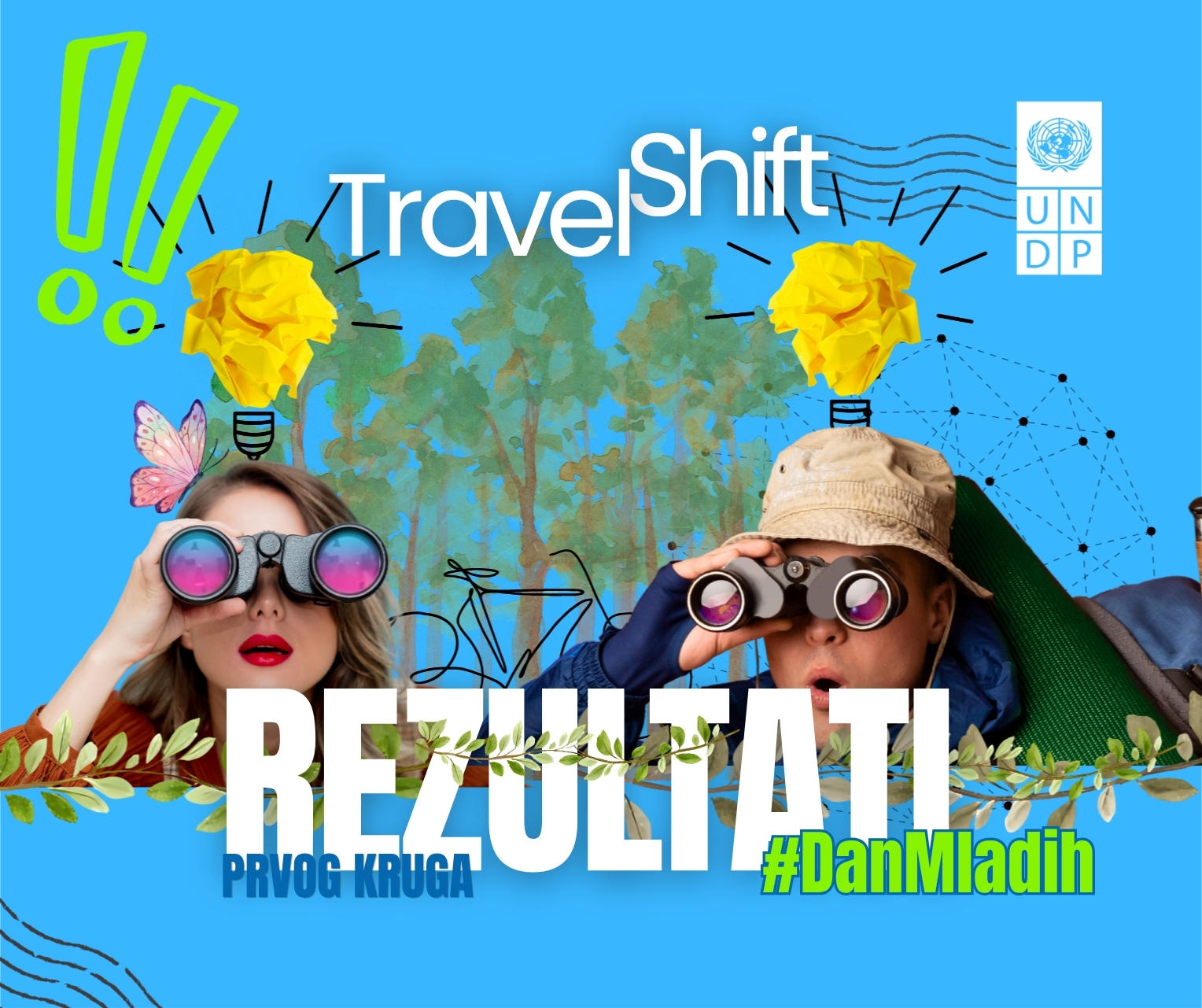 TravelShift poster: two people in pink sunglasses, tropical blue background, large REZULTAT text.