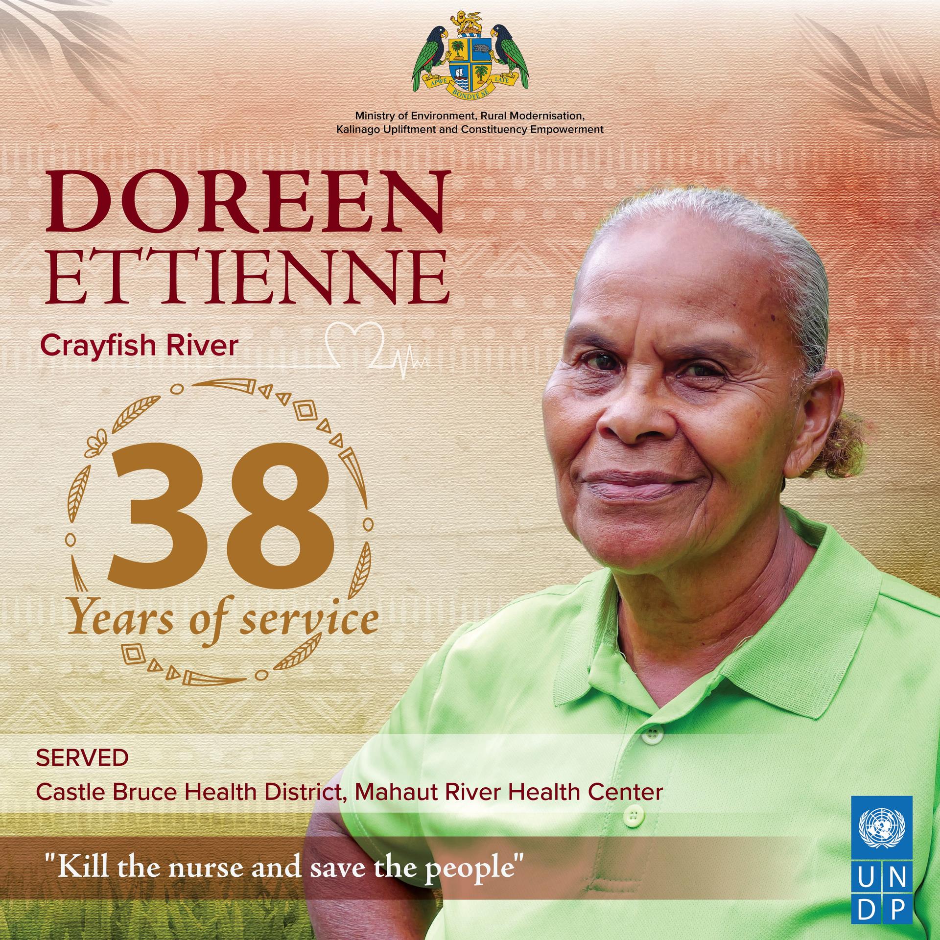 Poster honoring Doreen Ettienne with portrait and 38 years of service
