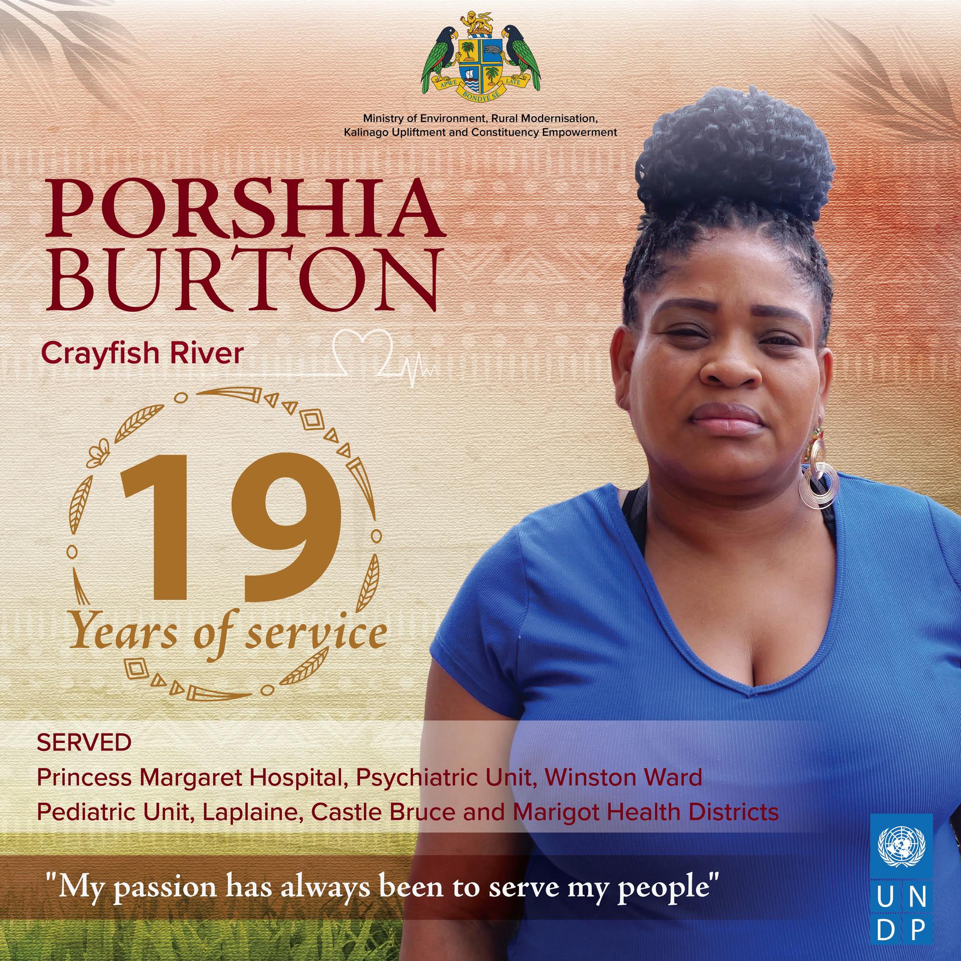 Banner honoring Burton for 19 years of service, portrait of a woman in a blue shirt.