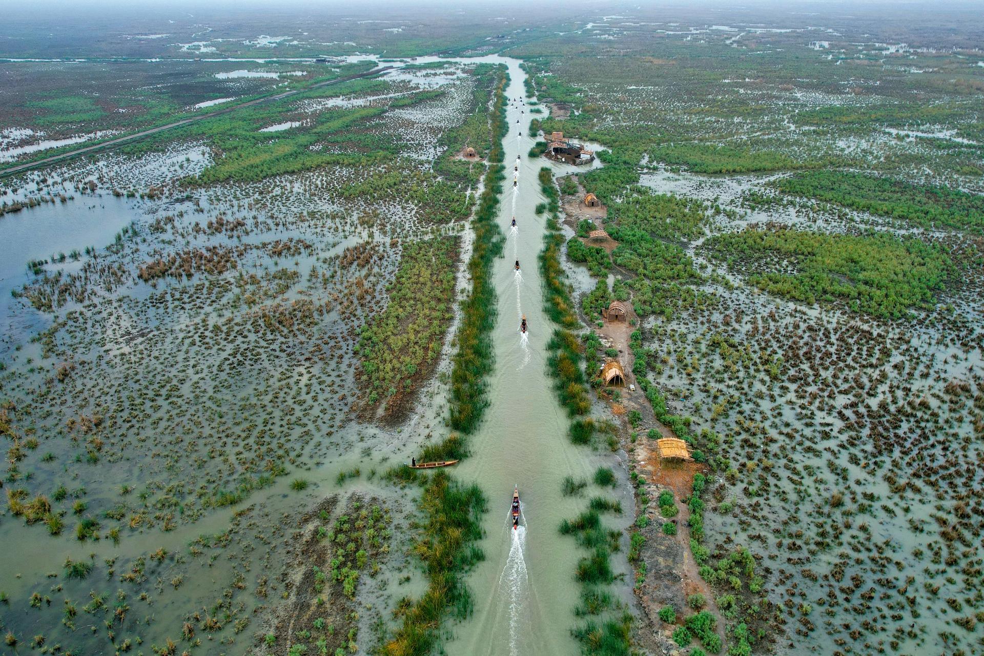 Aerial view of a straight road through a wetland plain with water channels and trees.