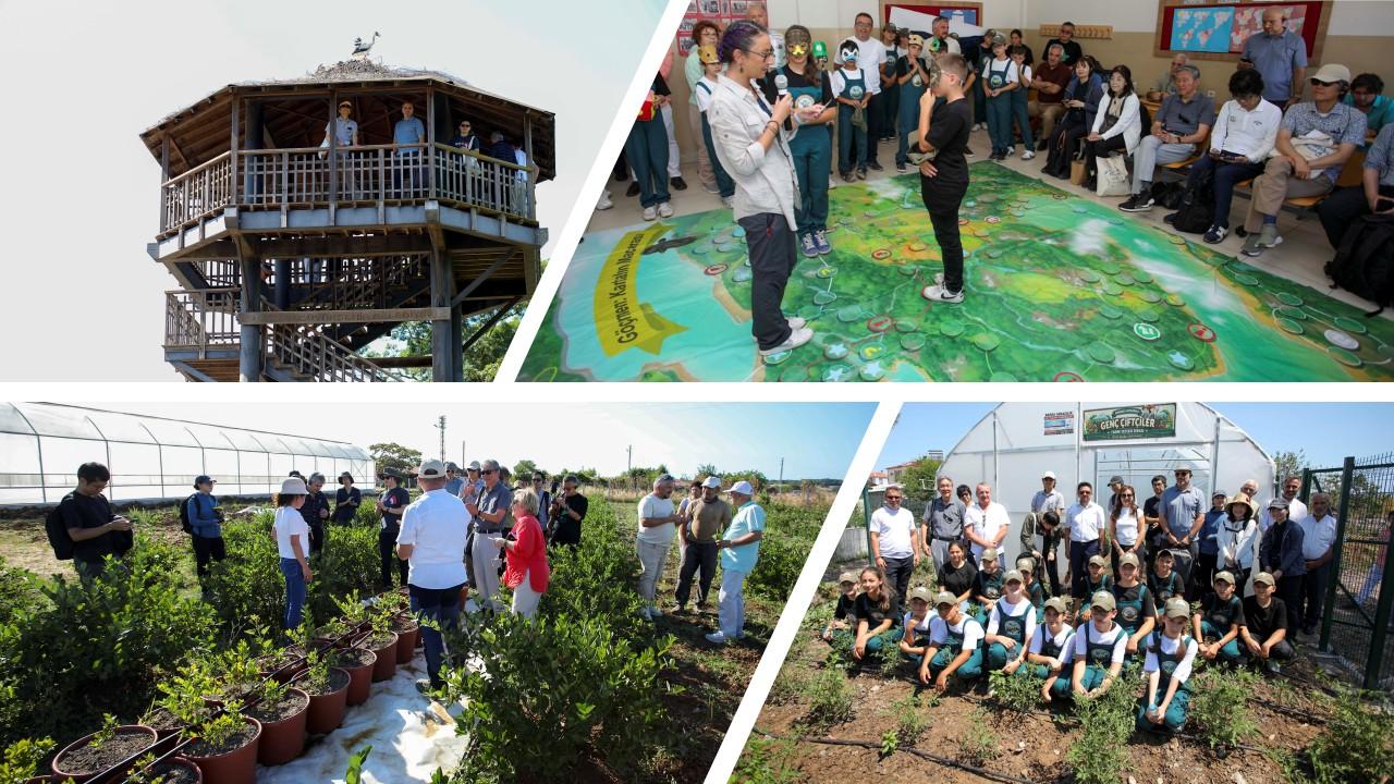 Collage of community garden work: wooden building, workshop, map activity, volunteers gardening.