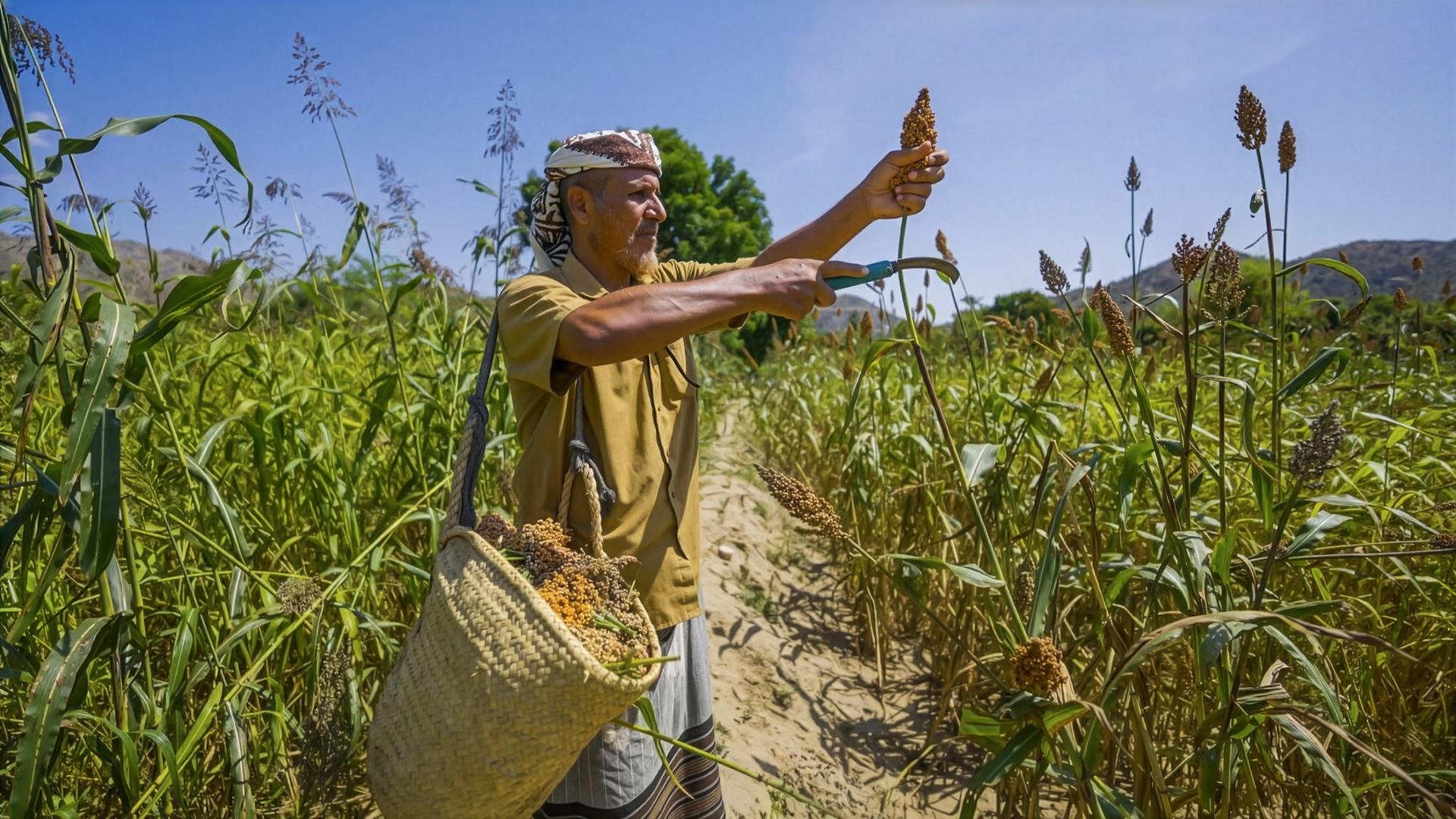 Photograph of a woman farmer in a hat with a tote bag, reaching toward corn plants along a dirt path.