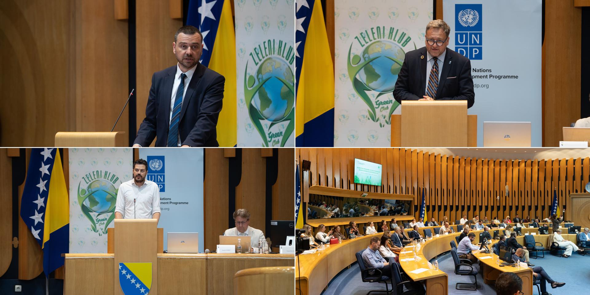 Four-panel collage shows conference speakers with Ukrainian flags and a large audience.