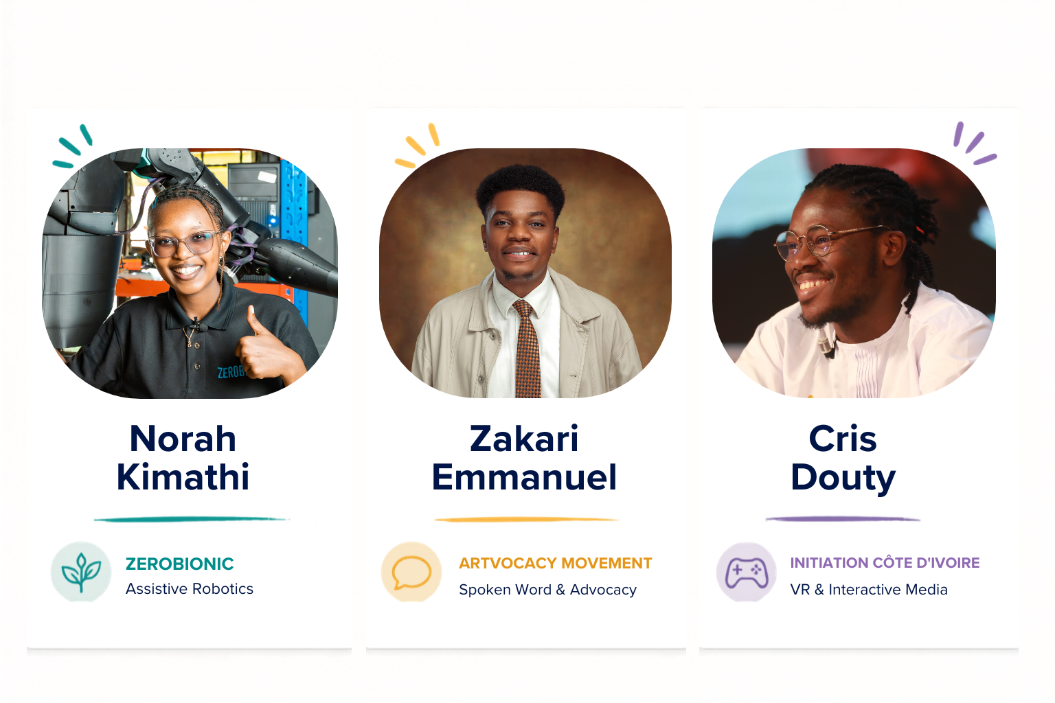 Three circular headshots with colored rings: Norah Kimathi, Zakari Emmanuel, Cris Doty.