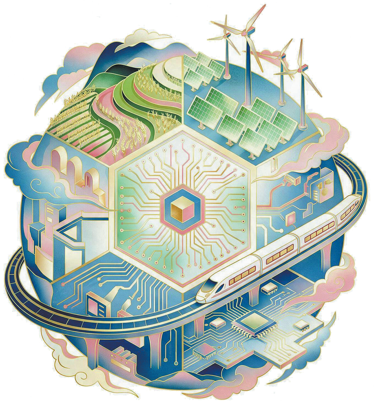 Isometric sphere city with wind turbines, solar panels, green terraces, and a monorail.