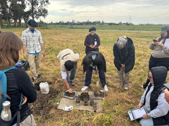 Group of masked people around a shallow excavation grid in a rural field, taking notes.